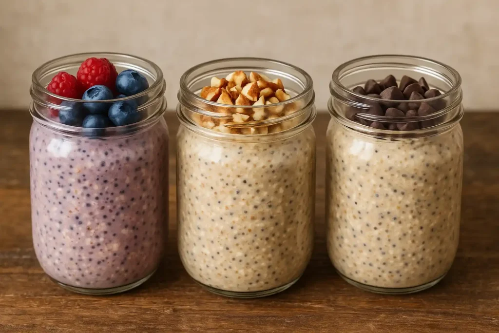 Three mason jars filled with overnight high protein cereal oats topped with nuts, berries, and chocolate chips.