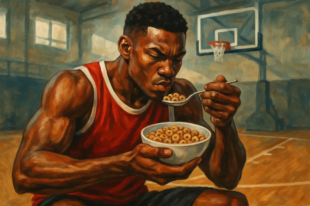 A focused basketball player eating a bowl of high protein cereal, with a gym or court in the background.