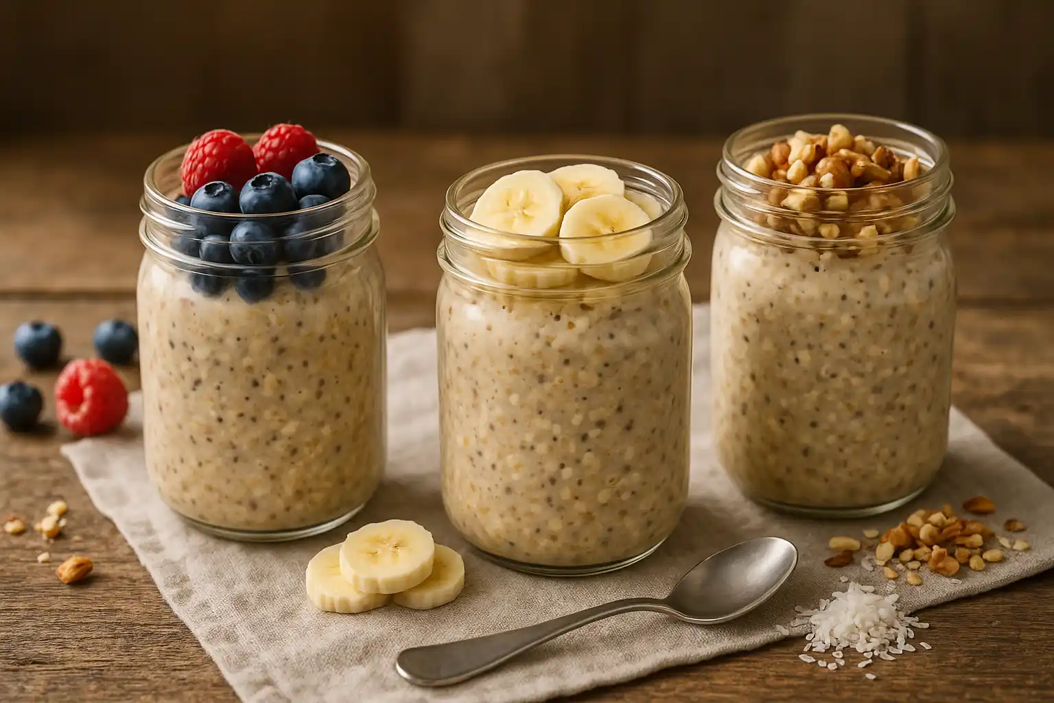 Three mason jars of overnight high protein cereal oats with assorted fruit and nut toppings on a wooden table.