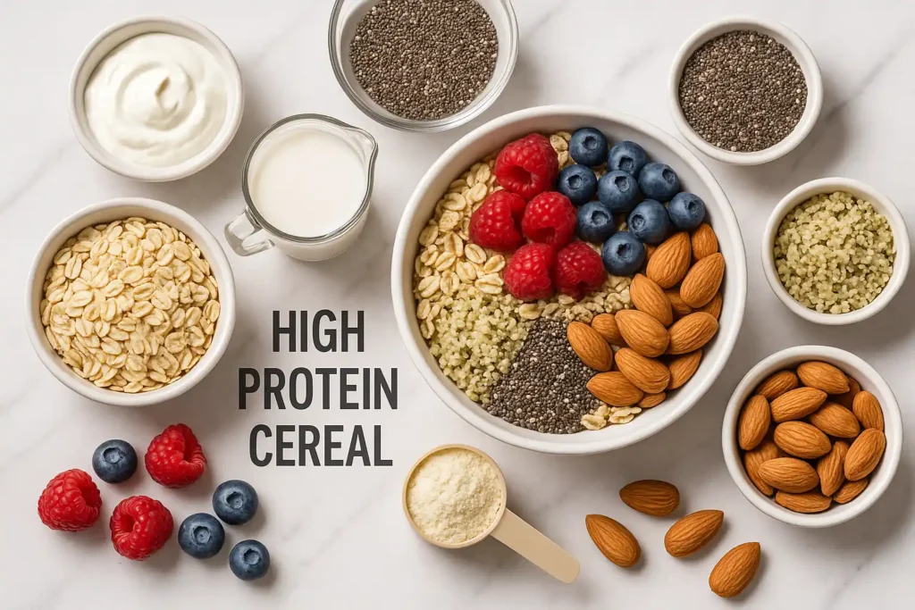 Flat lay of ingredients and a prepared bowl representing a high protein cereal breakfast, including oats, protein powder, seeds, yogurt, and berries.