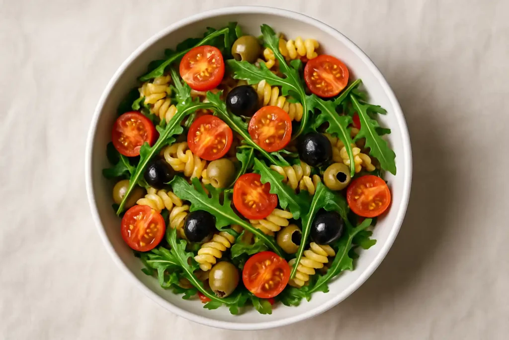 A stunning bowl of pasta salad, vibrant and fresh, styled like a culinary masterpiece.