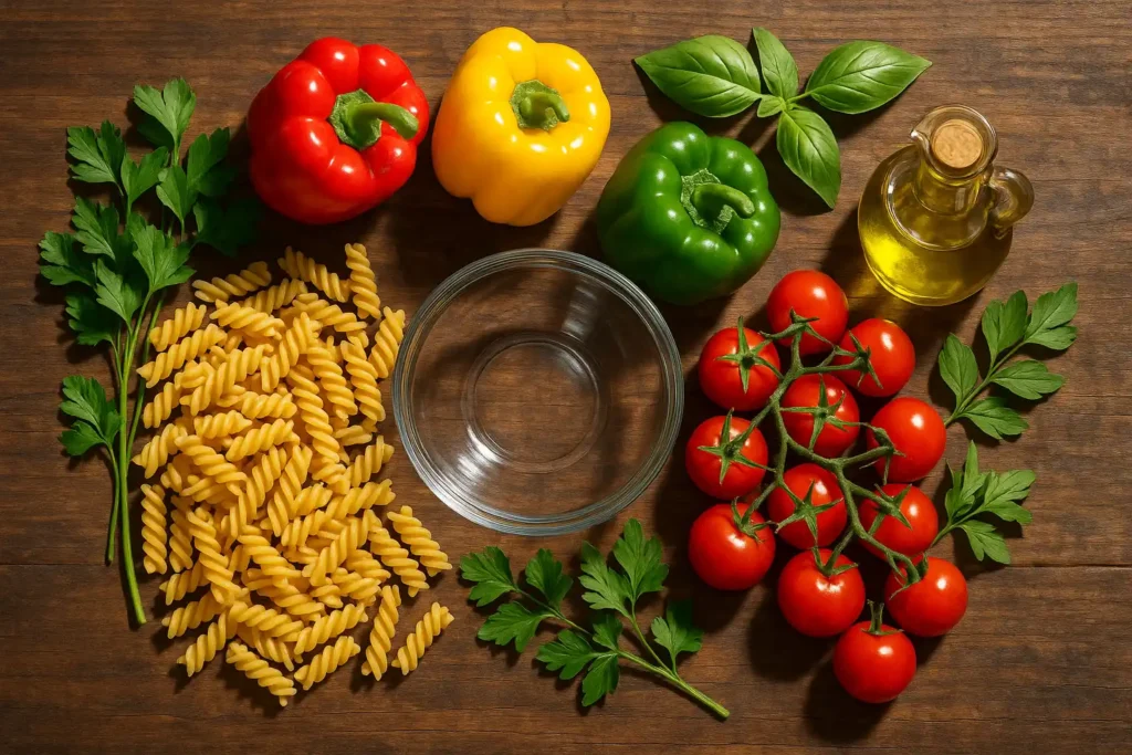 A beautifully arranged flat lay of fresh pasta salad ingredients, from vegetables to herbs.