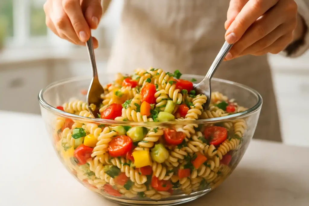 Ingredients being mixed with pasta in a large bowl, capturing the motion and energy.