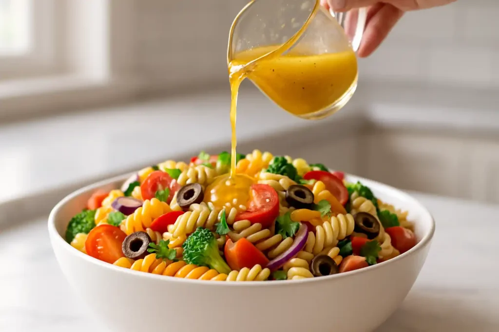 Dressing being poured over pasta salad ingredients, adding richness and depth.