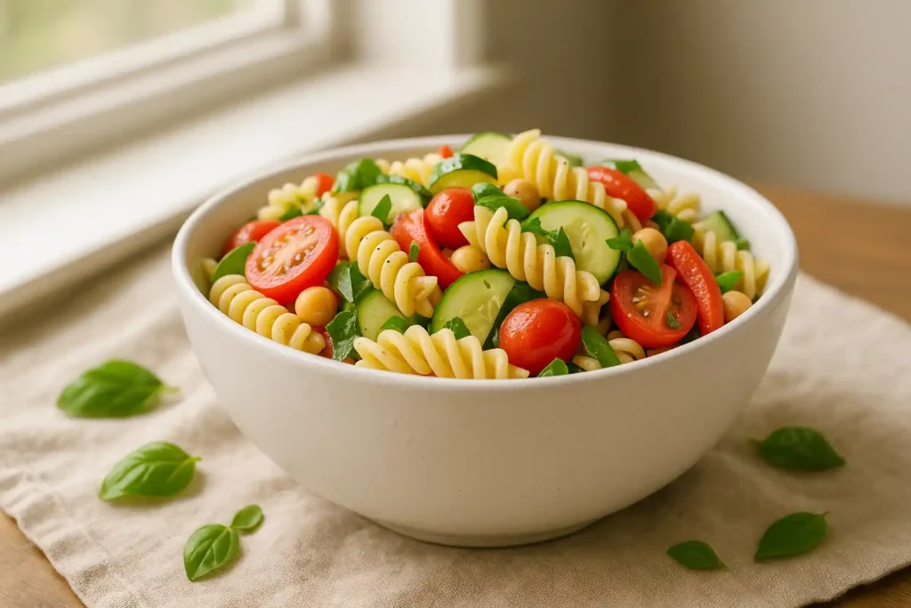 A bowl of chilled pasta salad, glowing in natural daylight, ready to serve.