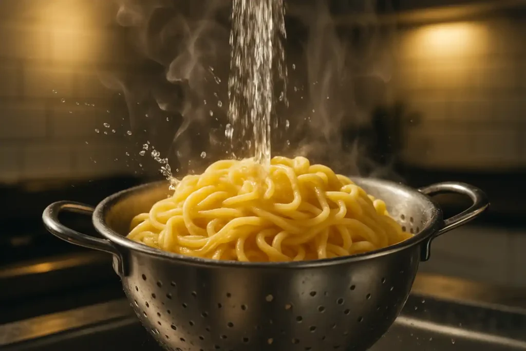 Steaming pasta in a colander under cold water in a modern kitchen setting.