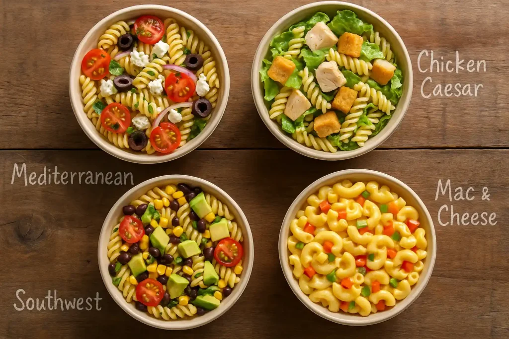 Four uniquely styled pasta salads—Mediterranean, Chicken Caesar, Southwest, and classic Mac—on a rustic table.