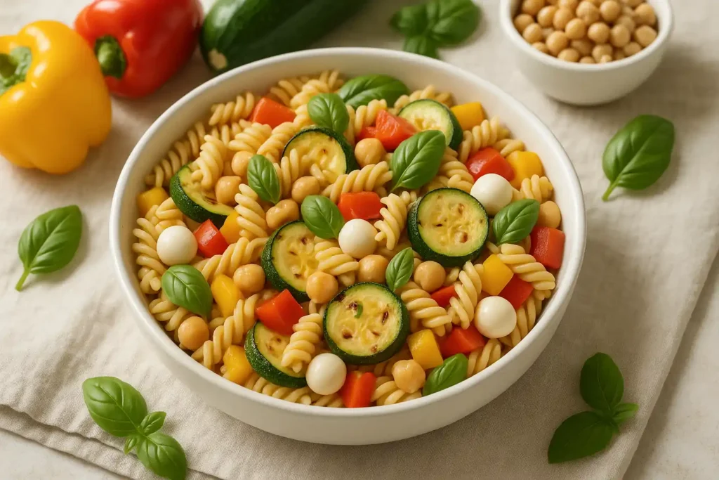 A plant-based pasta salad with chickpeas, grilled veggies, and vegan mozzarella in a white bowl.