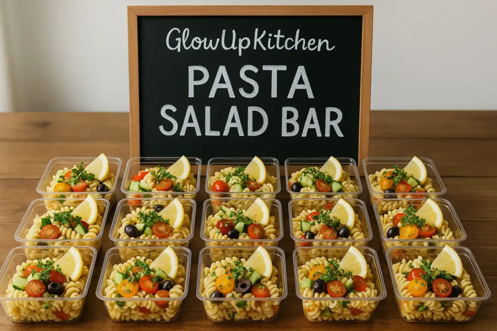 Clear labeled boxes of pasta salad arranged on a catering station with herbs and lemon garnishes.