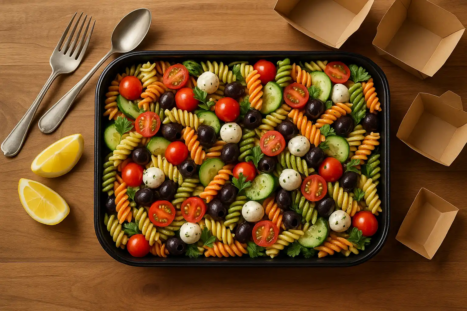 Colorful pasta salad catering tray with vegetables, mozzarella, and herbs ready to serve