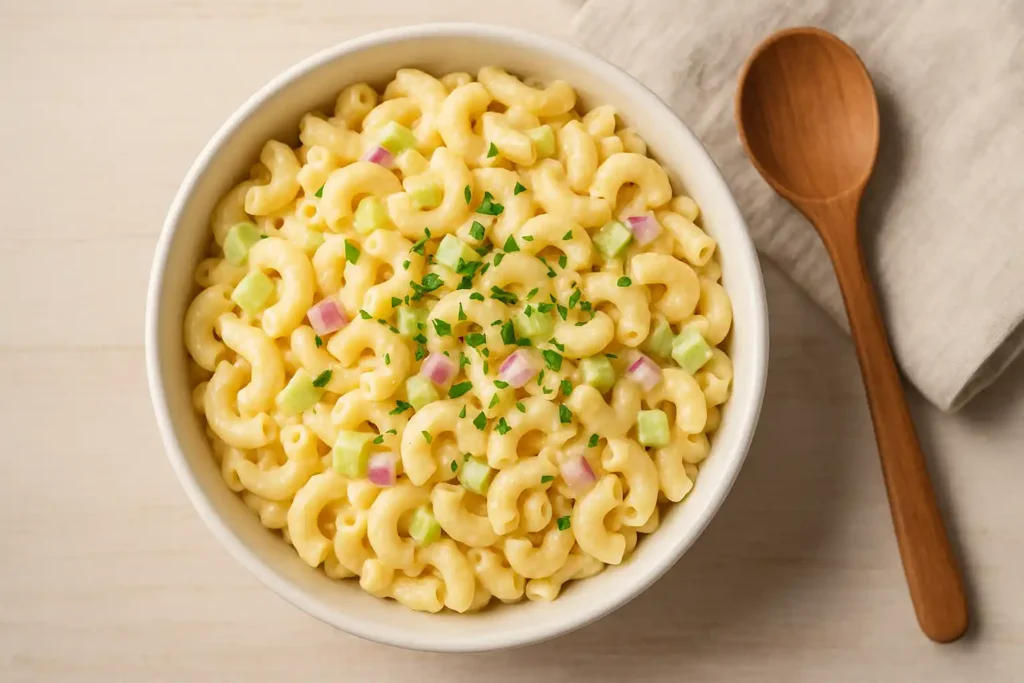 Overhead view of Kraft Mac and Cheese Pasta Salad in a white bowl with fresh herbs on top.