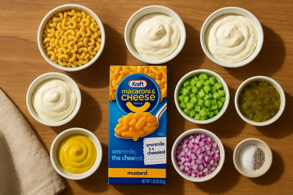 This hero shot features a bowl of creamy Kraft Mac and Cheese Pasta Salad, beautifully garnished with herbs, and set on a rustic wooden table. Ideal for potlucks, barbecues, and quick summer meals.