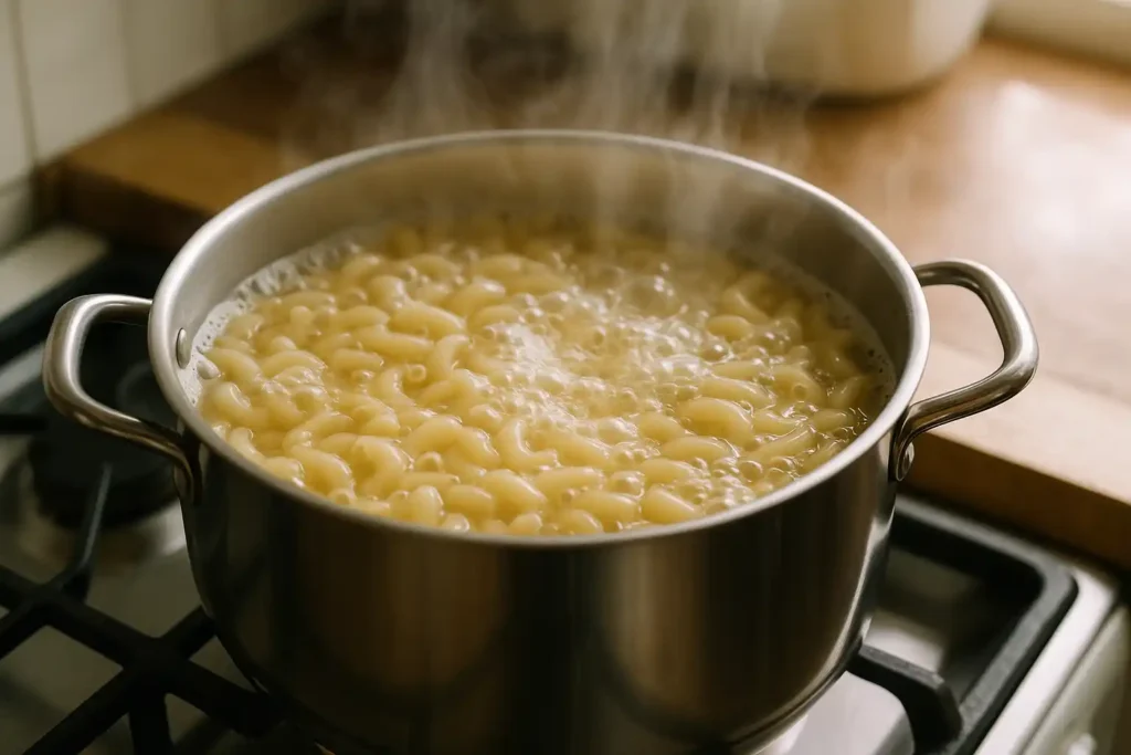 Macaroni boiling in a pot for Kraft Mac and Cheese Pasta Salad