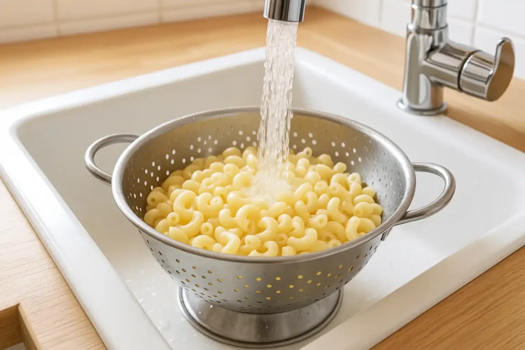 Drained macaroni rinsed under cold water for Kraft Mac and Cheese Pasta Salad