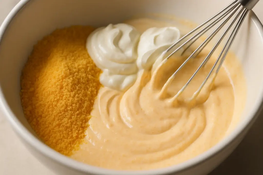 Cheese powder, mayo, and sour cream being mixed in a bowl