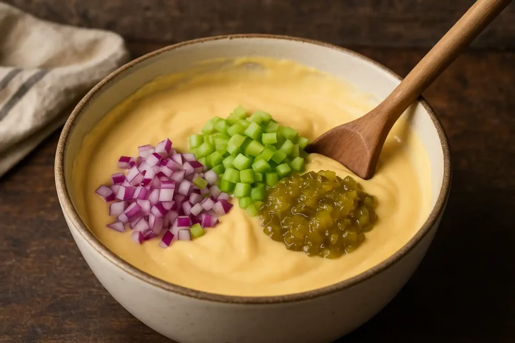 Diced celery, red onion, and relish added to dressing for Kraft Mac and Cheese Pasta Salad