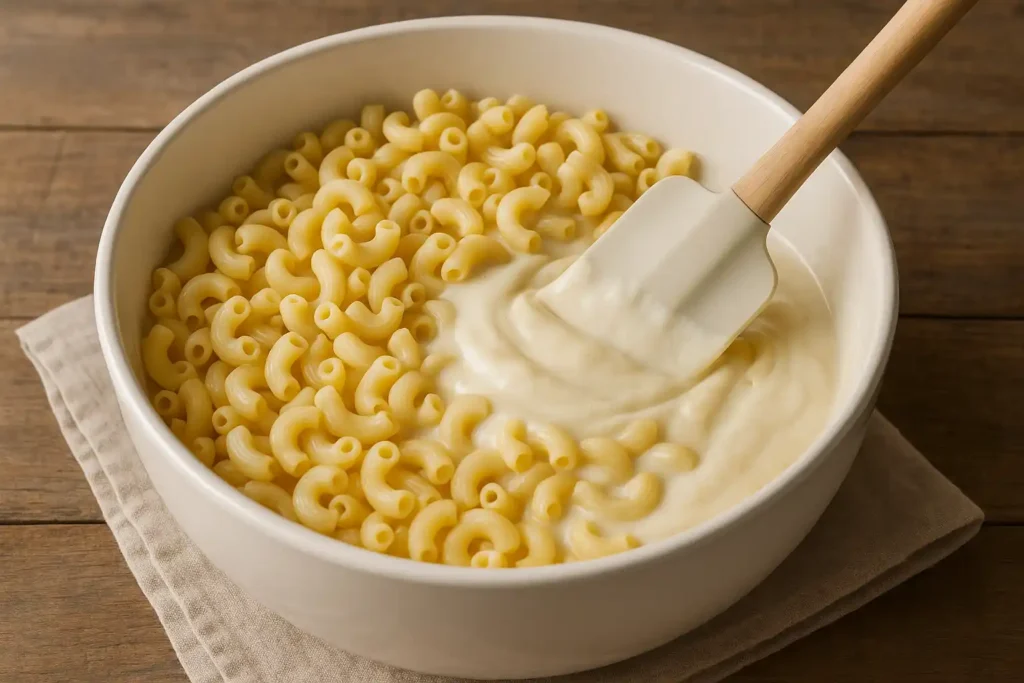 Pasta being folded into creamy sauce for Kraft Mac and Cheese Pasta Salad
