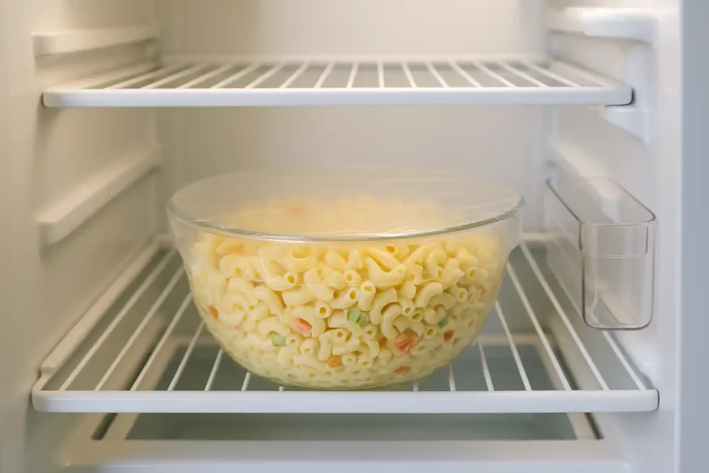 Kraft Mac and Cheese Pasta Salad placed in fridge to chill