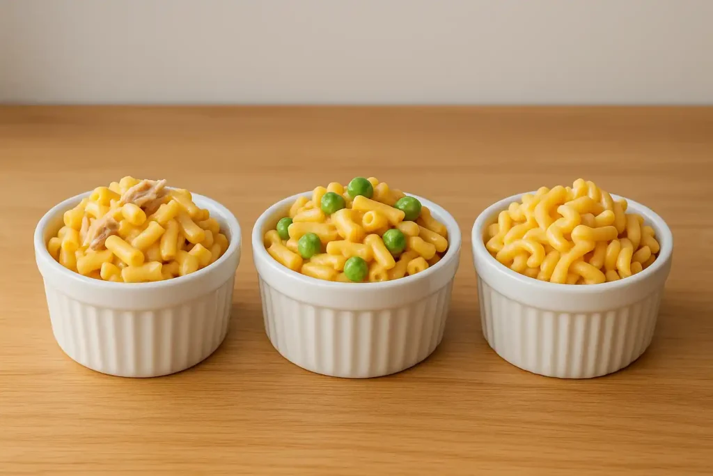 Three small bowls with different versions of Kraft Mac and Cheese Pasta Salad