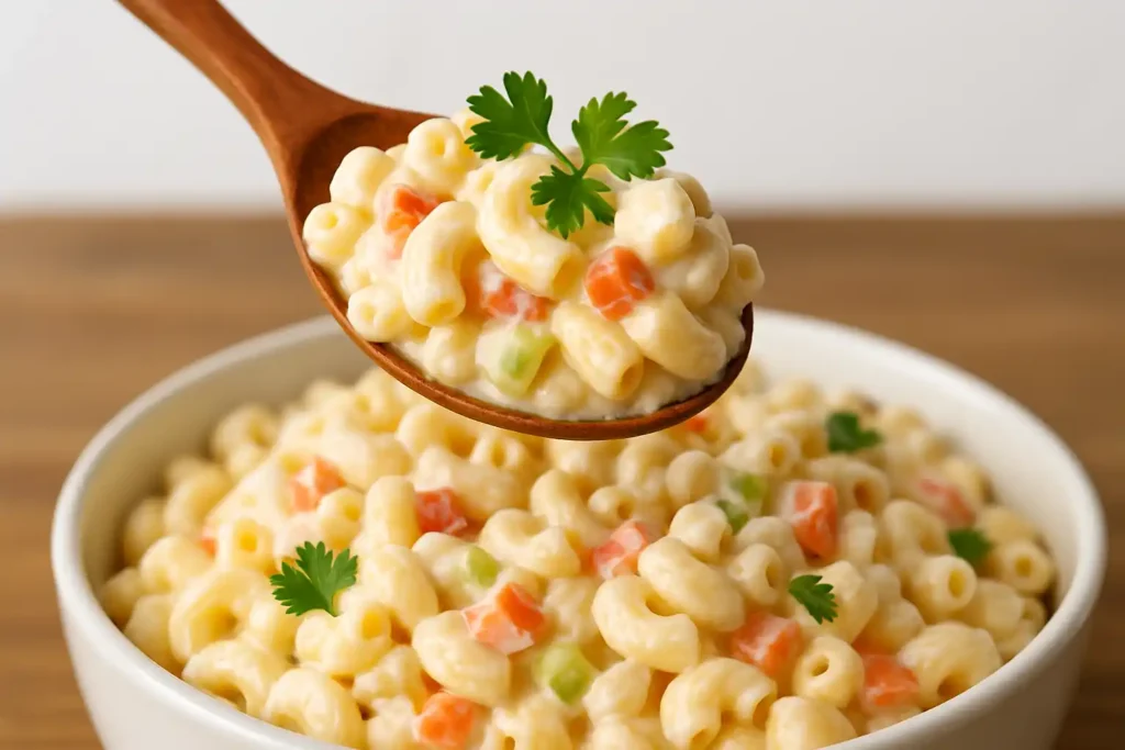 Close-up spoonful of creamy Kraft Mac and Cheese Pasta Salad