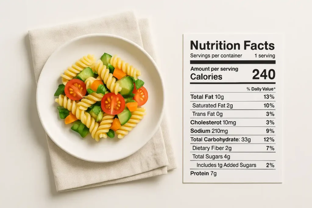Small portion of Kraft Mac and Cheese Pasta Salad with nutritional card