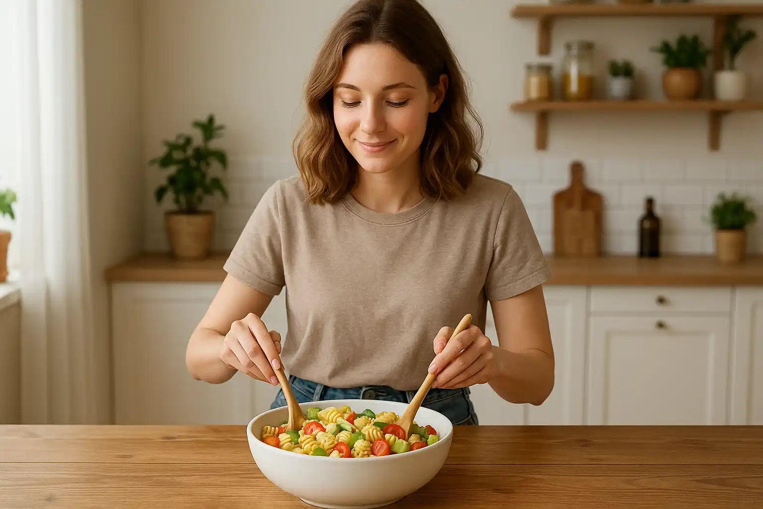 Woman mixing Kraft Mac and Cheese Pasta Salad in kitchen