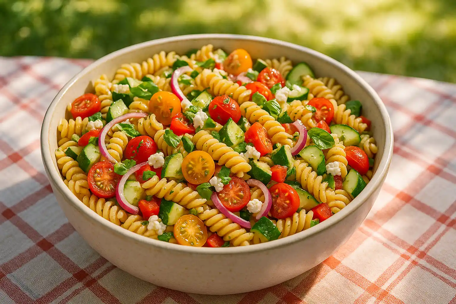 Vibrant gluten-free pasta salad served in a white bowl on a picnic blanket