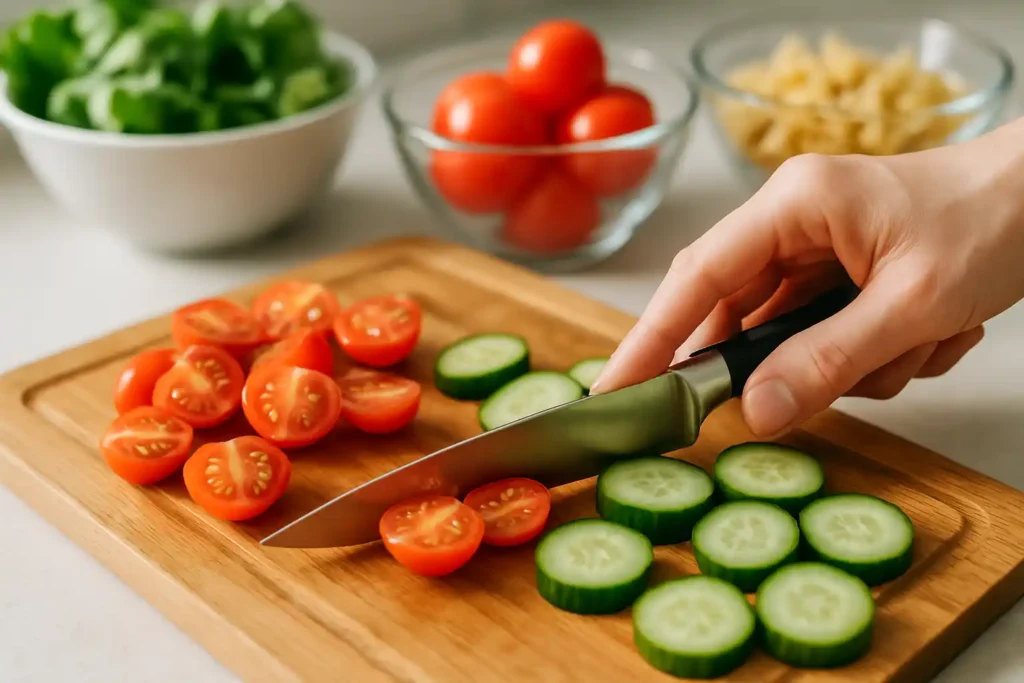 Chopping fresh vegetables for gluten-free pasta salad on a wooden cutting board