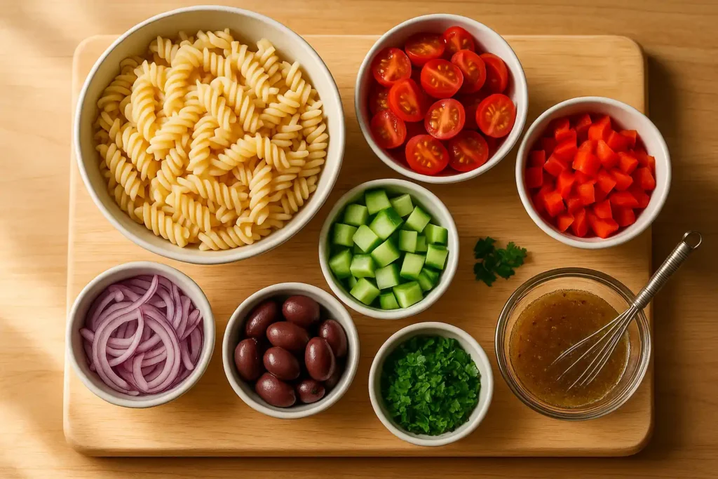 Fresh ingredients for gluten-free pasta salad arranged on a wooden board