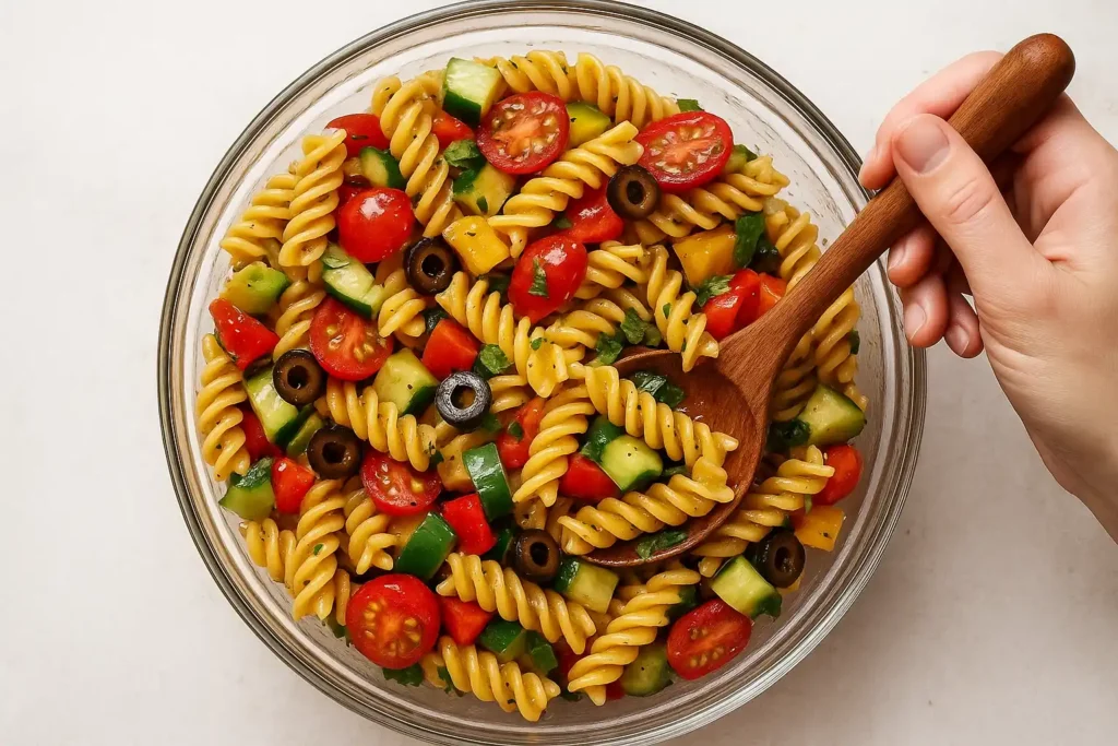 Mixing gluten-free pasta salad ingredients in a large glass bowl