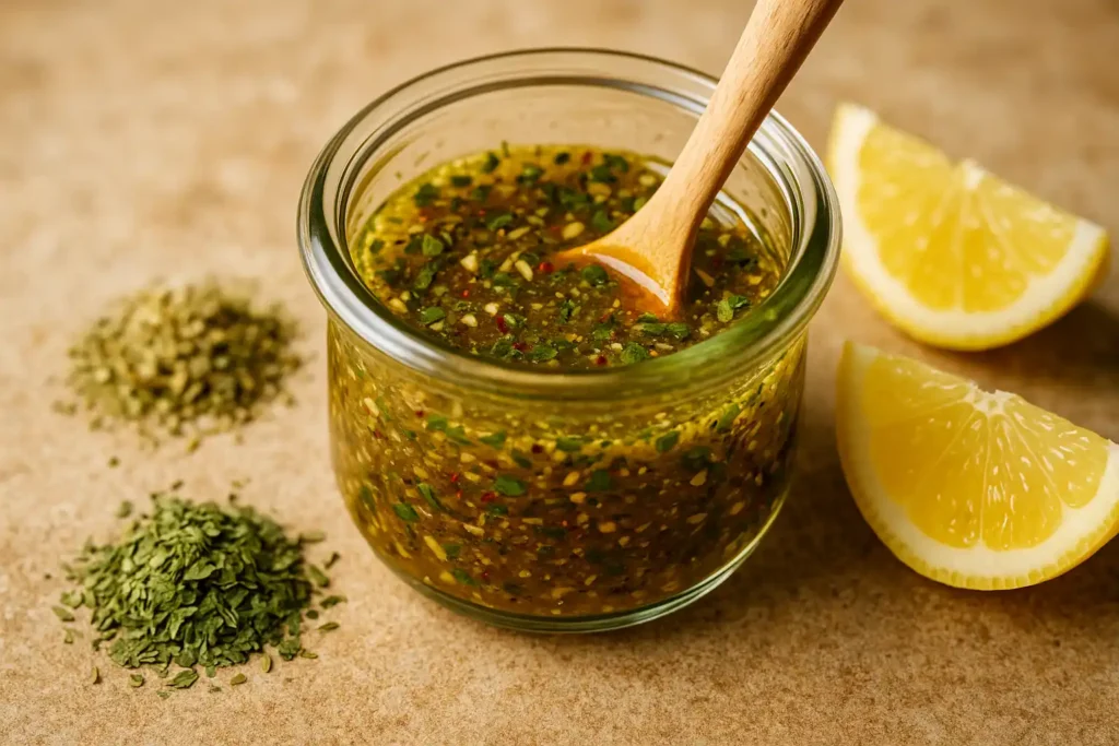 Homemade Italian dressing for gluten-free pasta salad in a small glass jar