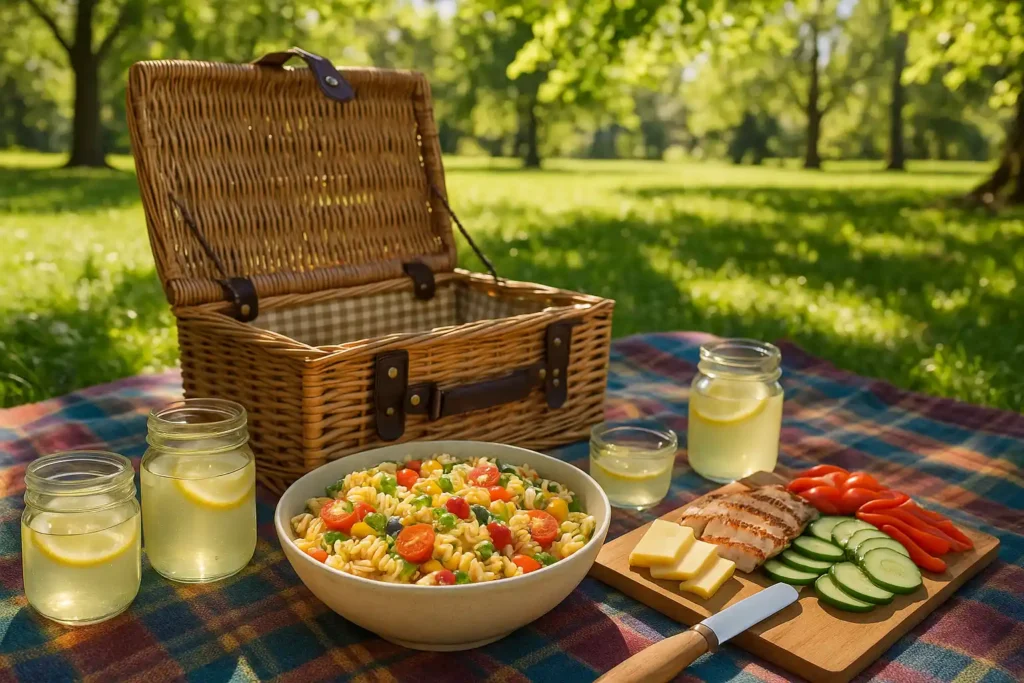 Gluten-free pasta salad served outdoors on a picnic blanket with fresh sunlight