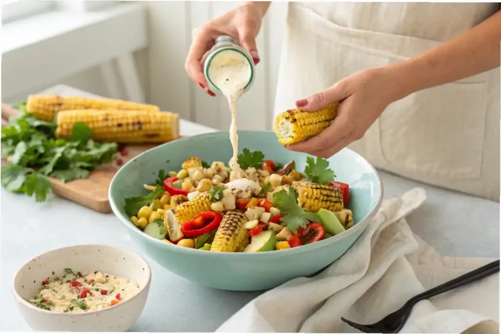 Golden corn kernels being charred in a black cast-iron skillet to bring out a smoky, sweet flavor for the elote pasta salad.