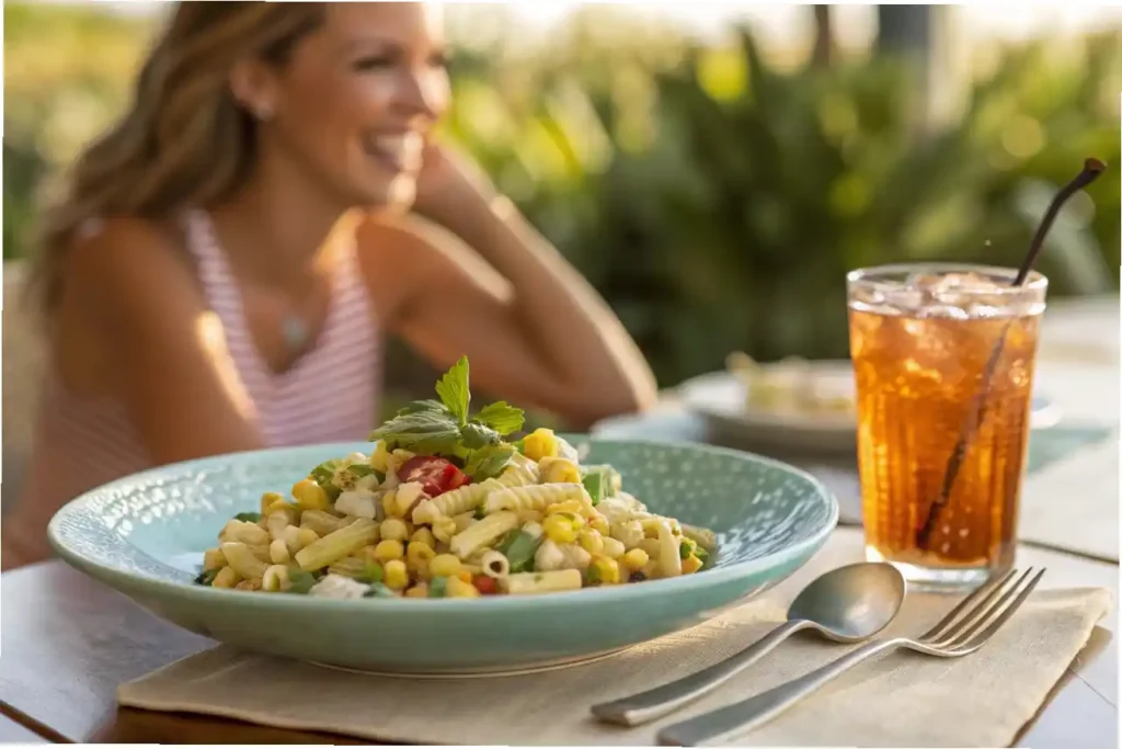 A plated serving of creamy elote pasta salad on a light blue plate, ready to be enjoyed at a summer meal.