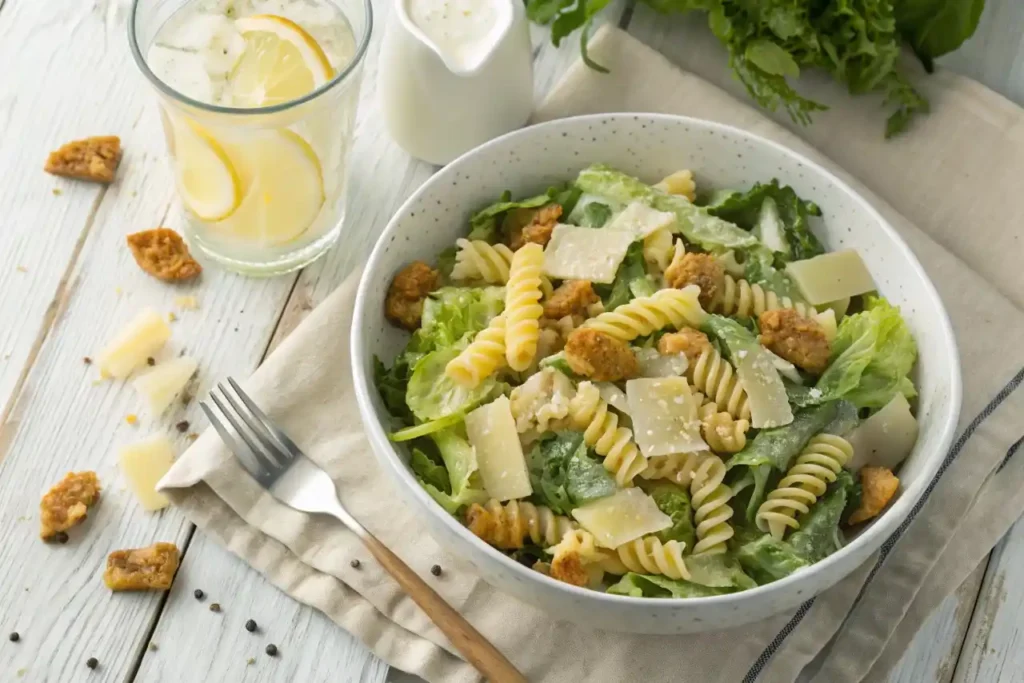 Fresh Caesar pasta salad with romaine, Parmesan, and croutons in a white bowl.