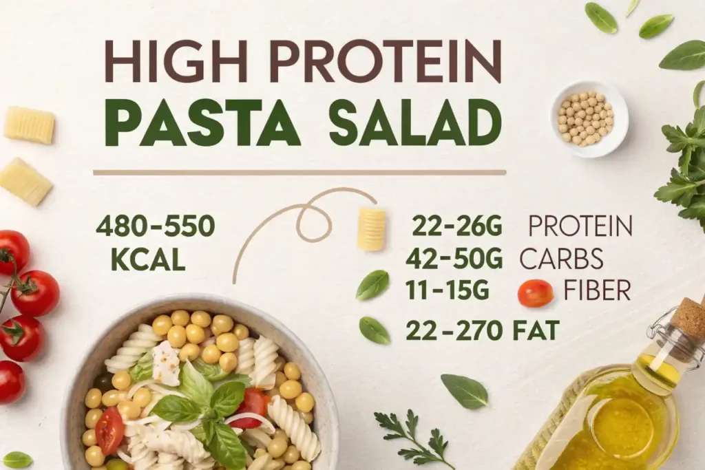 Infographic showing the nutrition facts of a high protein pasta salad, including calories, protein, carbs, fiber, and fat.