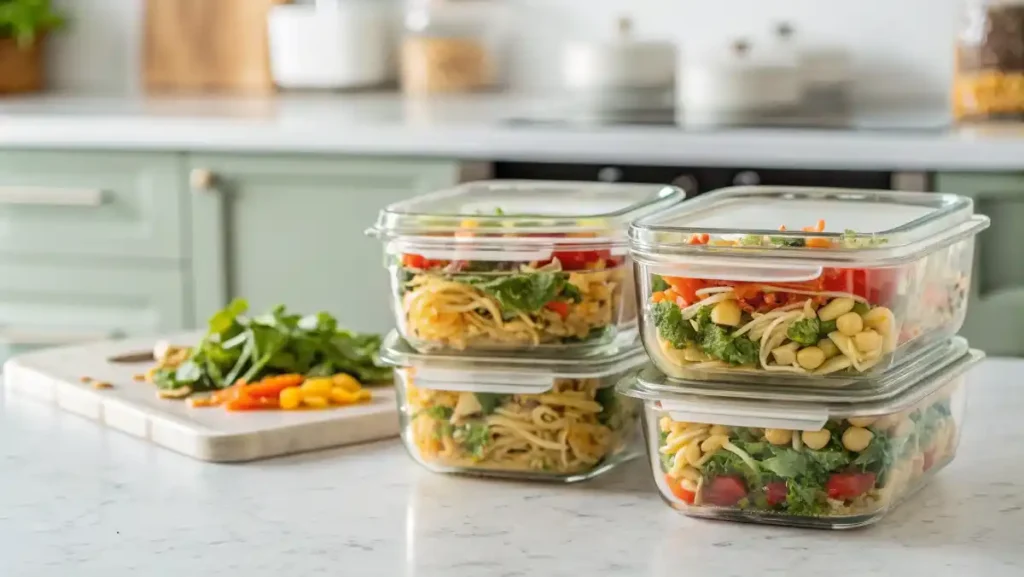 Two bowls of Thai pasta salad, one classic and one variation topped with grilled chicken to create a high-protein pasta salad.