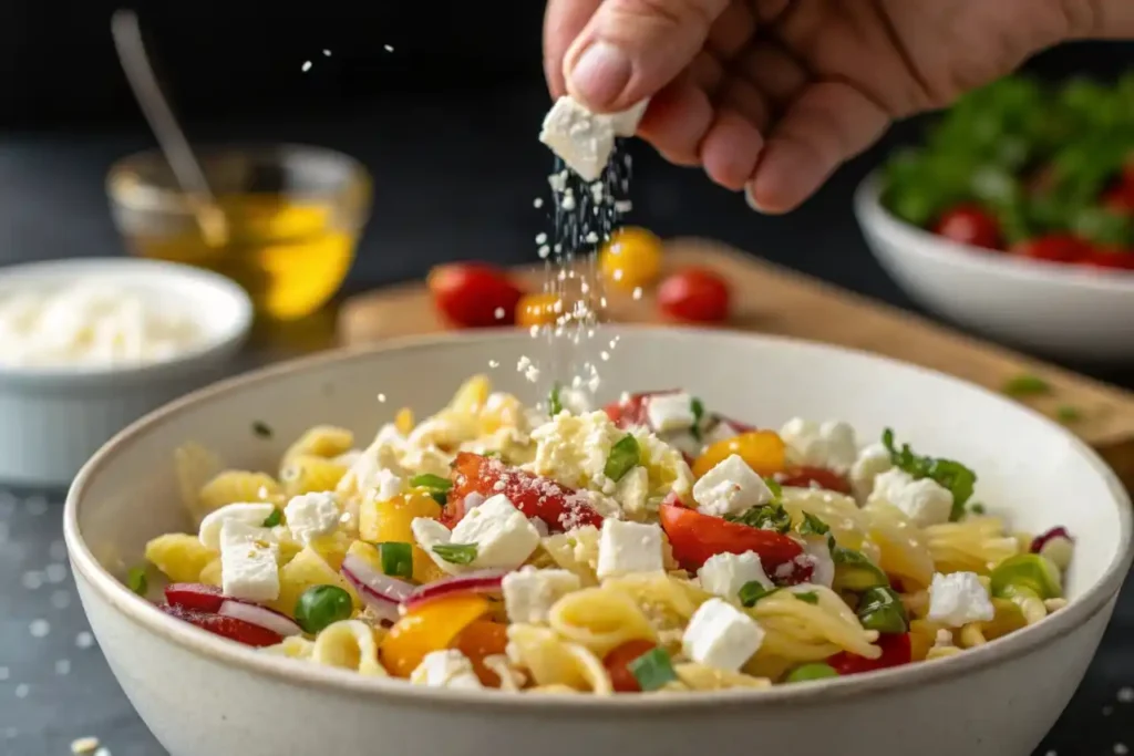 Feta cheese being sprinkled over high protein pasta salad.