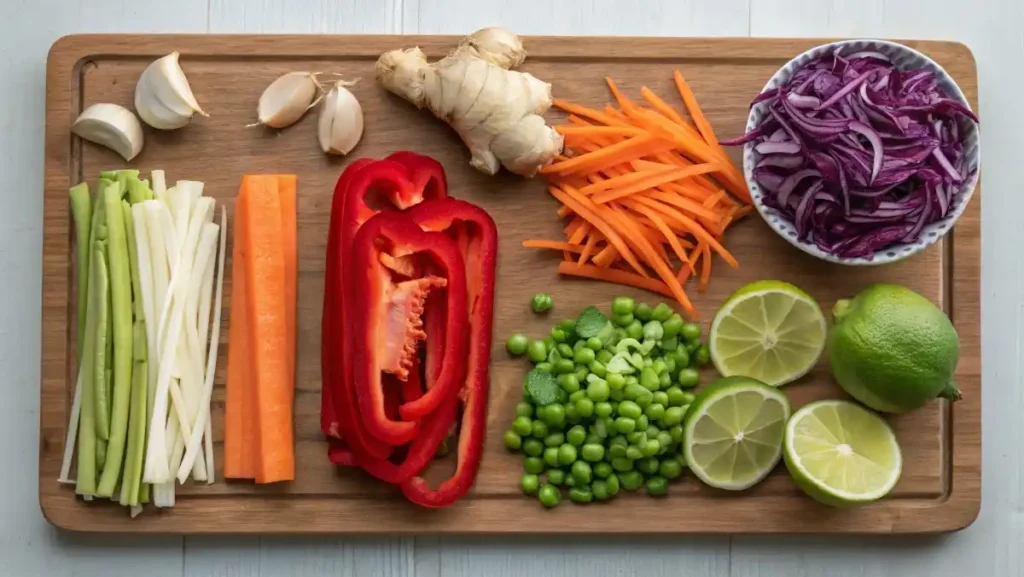 Fresh ingredients for a healthy Thai pasta salad arranged on a wooden cutting board, including julienned carrots, sliced red cabbage, and red bell pepper.