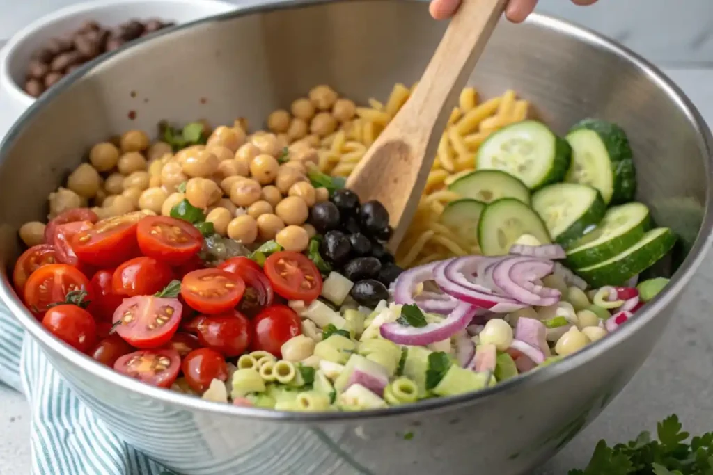Tossing colorful vegetables and pasta in a large bowl.