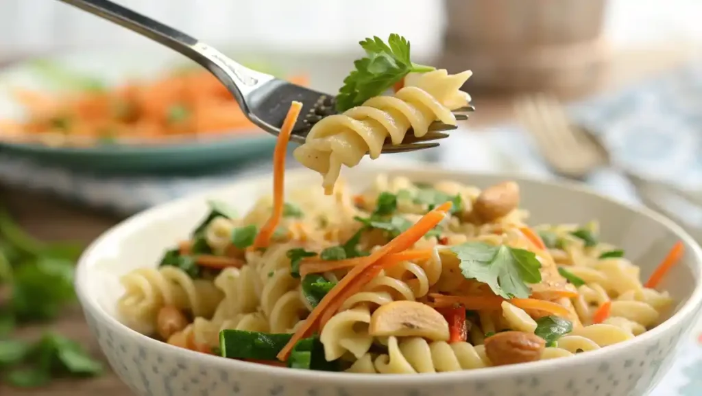 Pouring a creamy peanut dressing from a white pitcher over a bowl of pasta and fresh vegetables to make a Thai pasta salad.