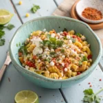 A large light blue bowl filled with creamy Elote Pasta Salad, garnished with Cotija cheese, fresh cilantro, and a sprinkle of paprika.