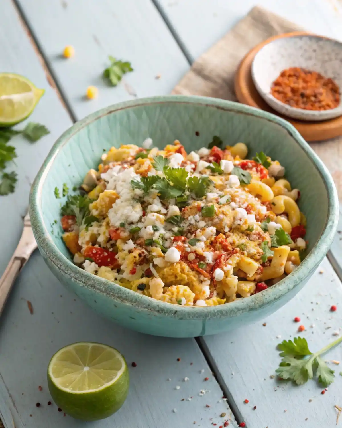 A large light blue bowl filled with creamy Elote Pasta Salad, garnished with Cotija cheese, fresh cilantro, and a sprinkle of paprika.