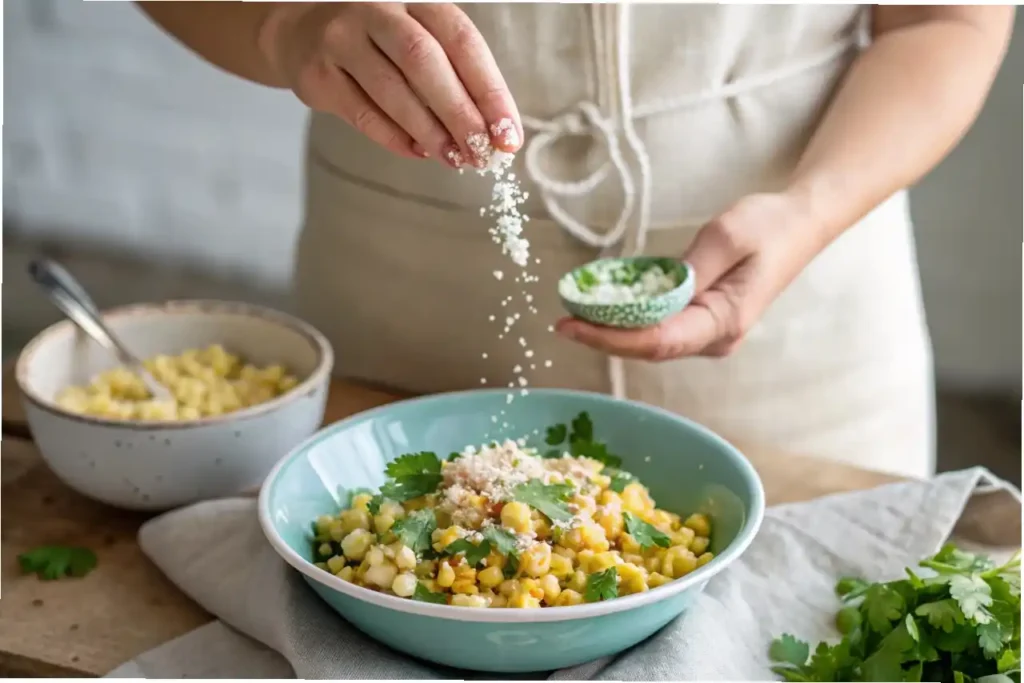A close-up of hands crumbling fresh Cotija cheese over a finished bowl of elote pasta salad as a final garnish.