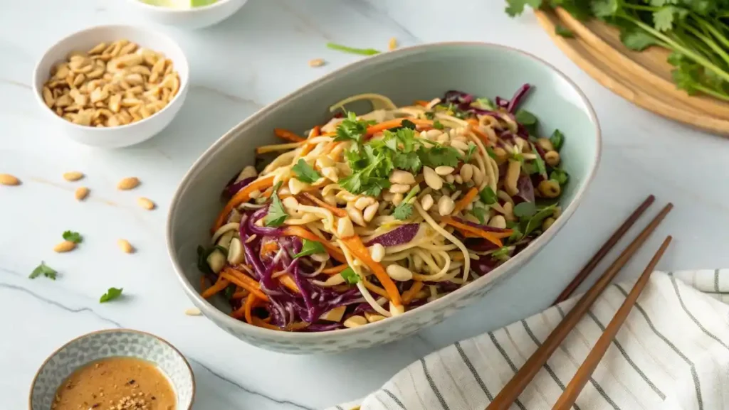 A vibrant Thai pasta salad in a wide white bowl, topped with a creamy peanut dressing, chopped peanuts, and fresh cilantro.