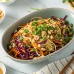 A vibrant Thai pasta salad in a wide white bowl, topped with a creamy peanut dressing, chopped peanuts, and fresh cilantro.