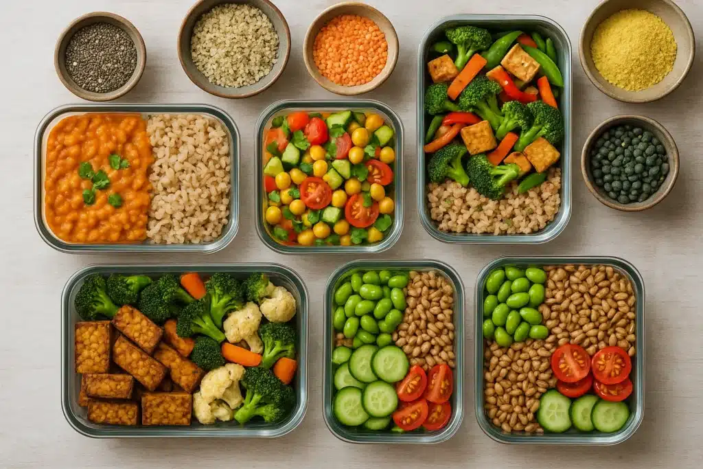 Overhead view of a high-protein vegan meal prep layout with glass containers of colorful plant-based dishes and rustic bowls of raw ingredients on a wooden surface.