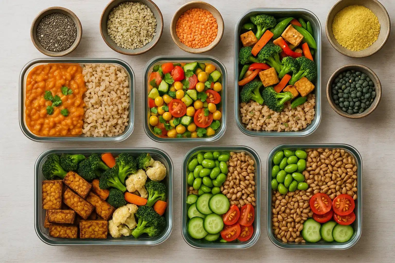 Overhead view of a high-protein vegan meal prep layout with glass containers of colorful plant-based dishes and rustic bowls of raw ingredients on a wooden surface.