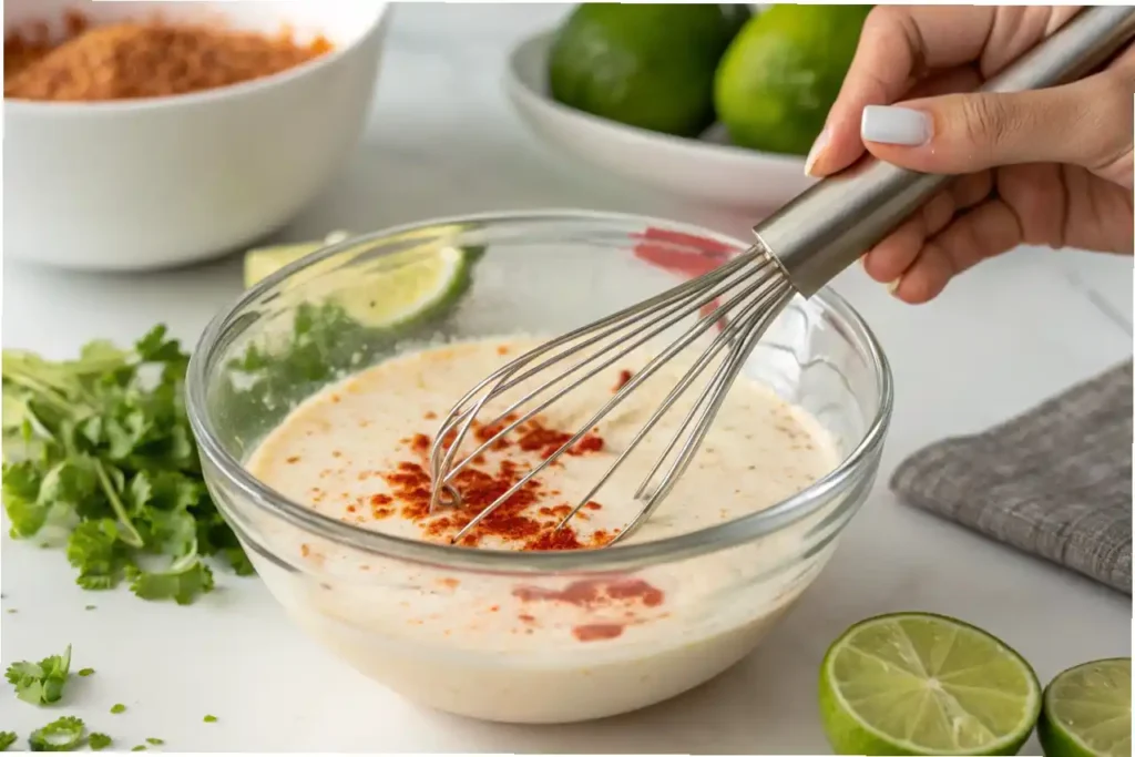 Hands whisking a creamy chili-lime dressing in a glass bowl for the elote pasta salad. The dressing is speckled with spices.