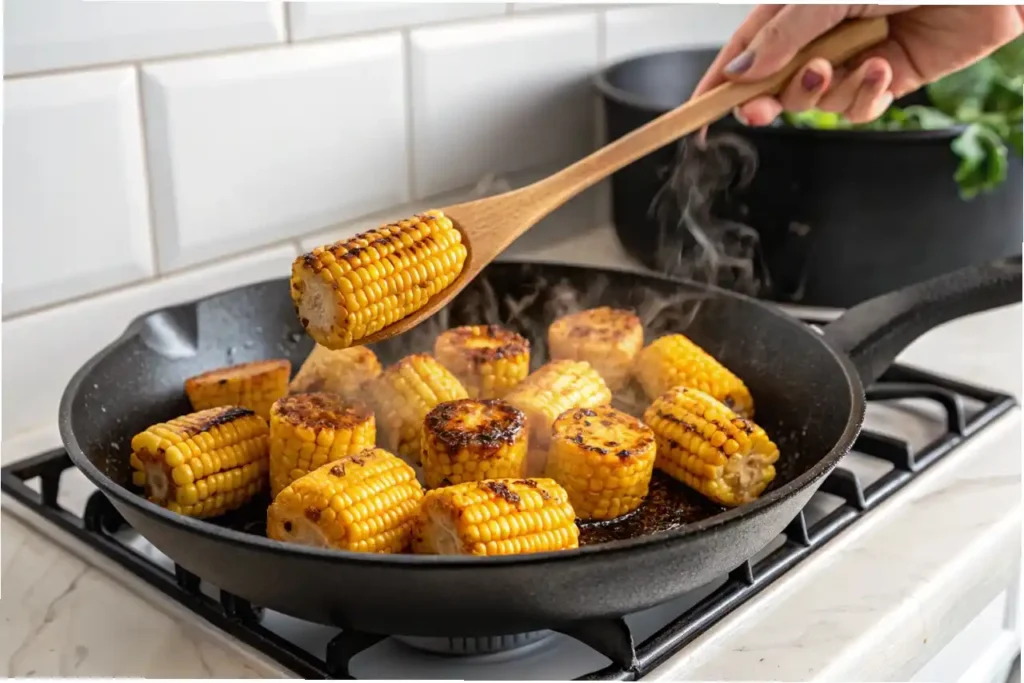 Hands gently folding cooked pasta, charred corn, and cilantro into the creamy dressing in a large light blue bowl.